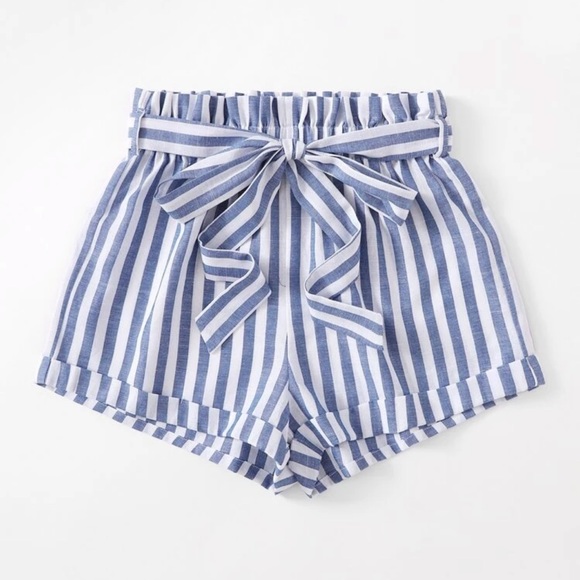 Pants - Belted white blue striped paperbag shorts boho